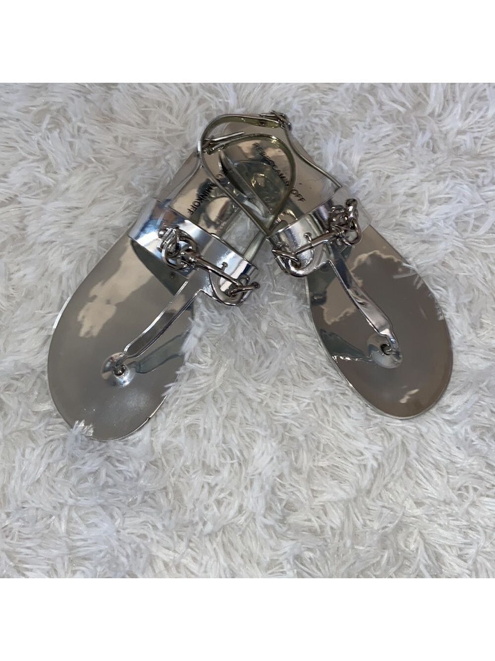 Rebecca Minkoff silver mirror T strap sandals